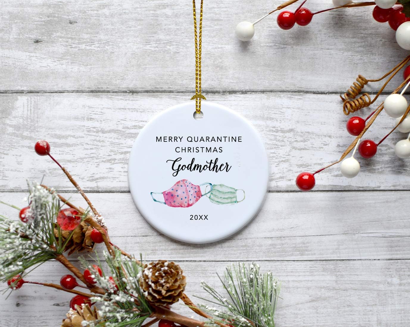 Andaz Press Round Porcelain Christmas Ornament Keepsake Gift, Merry Christmas as Godmother 2026, Watercolor Masks Graphic, Custom Year, 1-Pack, Includes Gift Box Ribbon