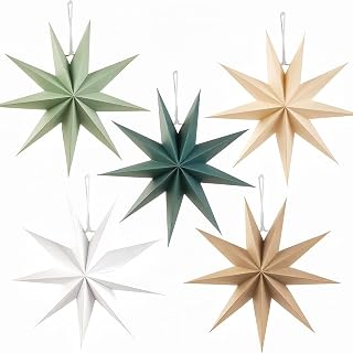 5 Pack 9-Pointed 12 Inch Paper Star Lantern Hanging Paper Star Decorations for Winter Wonderland Xmas Day Decoration Wedding Birthday Party Home Decor-Multicolor