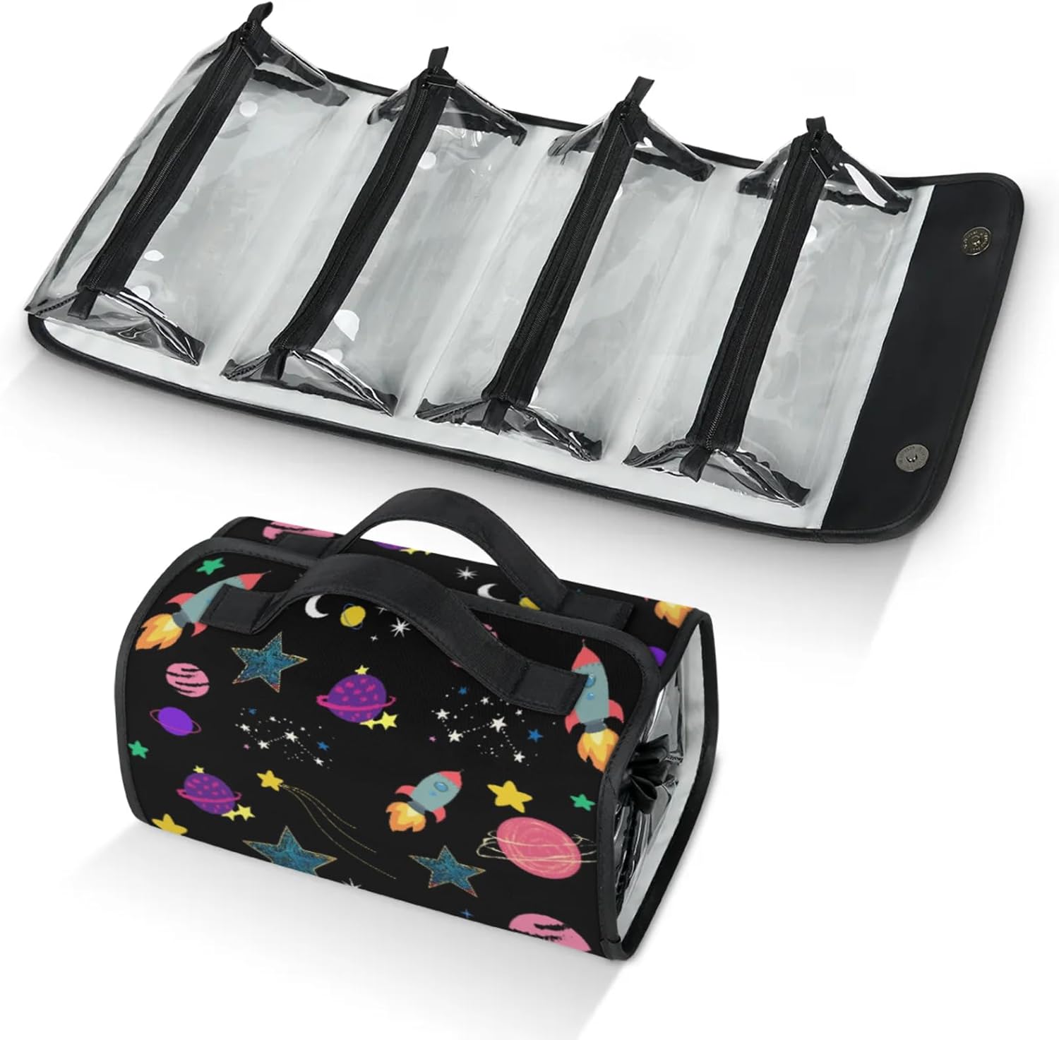 Foldable Toiletry Bag for Women, Hanging Roll Up Makeup Bag, Travel Toiletry Bag with 4 Removable Compartments, Suitable for Storing Cosmetics, Toiletries, Personal Care Products, Space, Modern