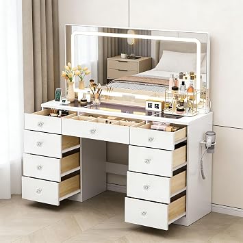 46 INCH Vanity Desk, Glass Top Makeup Vanity with LED Mirror and Charging Station, Makeup Desk with 9 Drawers, Dressing Table with 3-Color Light Modes for Bedroom, White