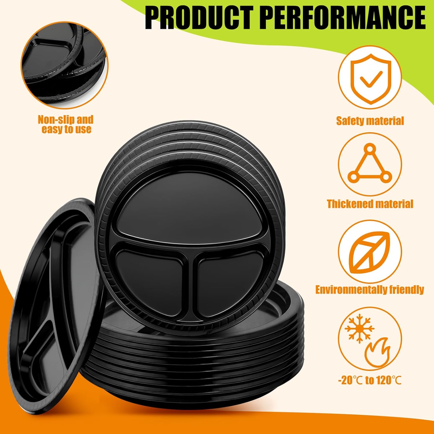 Umigy 100 Pcs 10 Inch 3 Compartments Divided Plastic Plates Bulk Colorful Disposable Heavy Duty Round Dinnerware for Valentine Wedding Birthday Party (Black) - Image 3