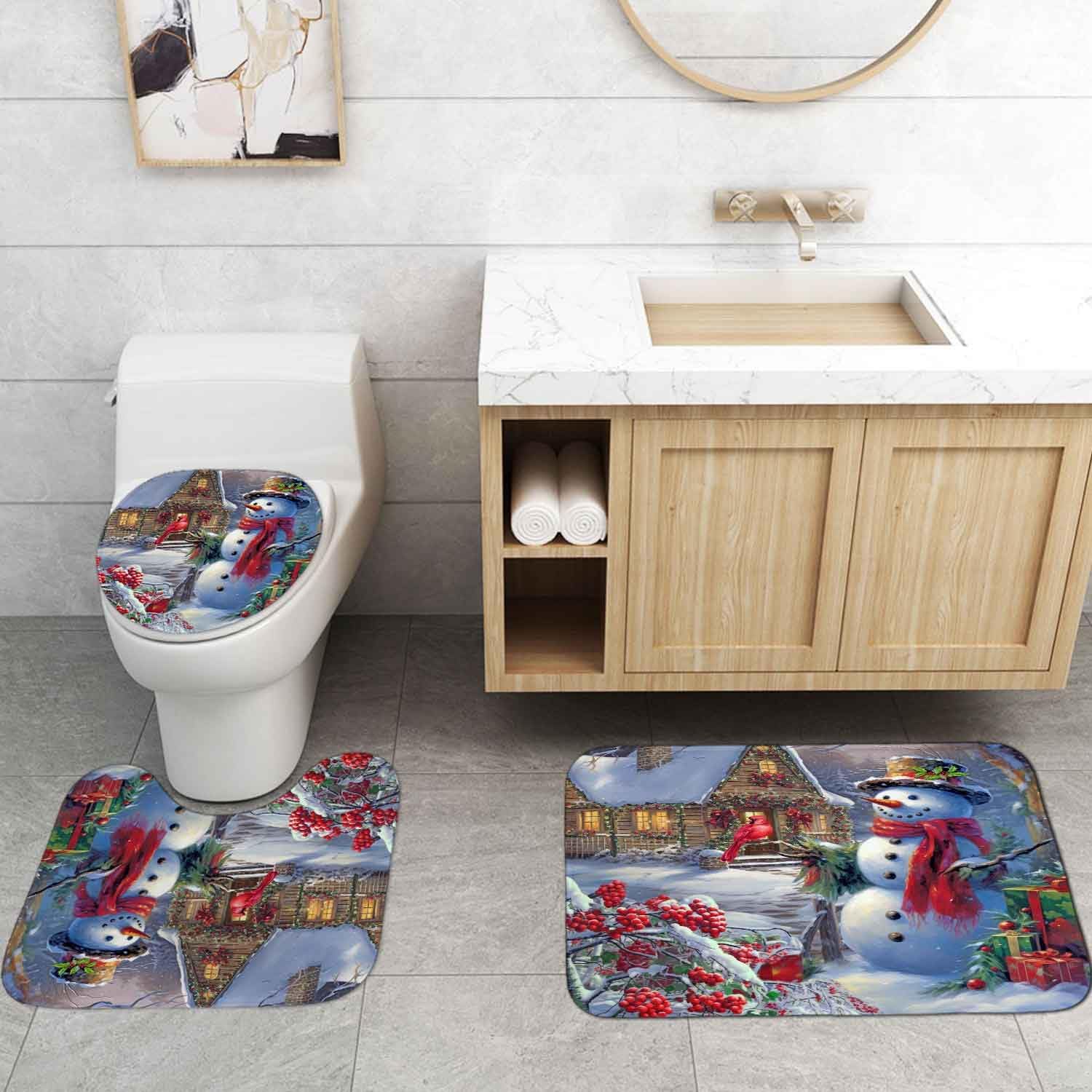 4PCS Christmas Snowman Shower Curtain Sets with Rugs, Waterproof Fabric Shower Curtain, Winter Vintage Barn Red Berry Holly Cardinal Bird Xmas Gifts Holiday New Year Christmas Bathroom Decor