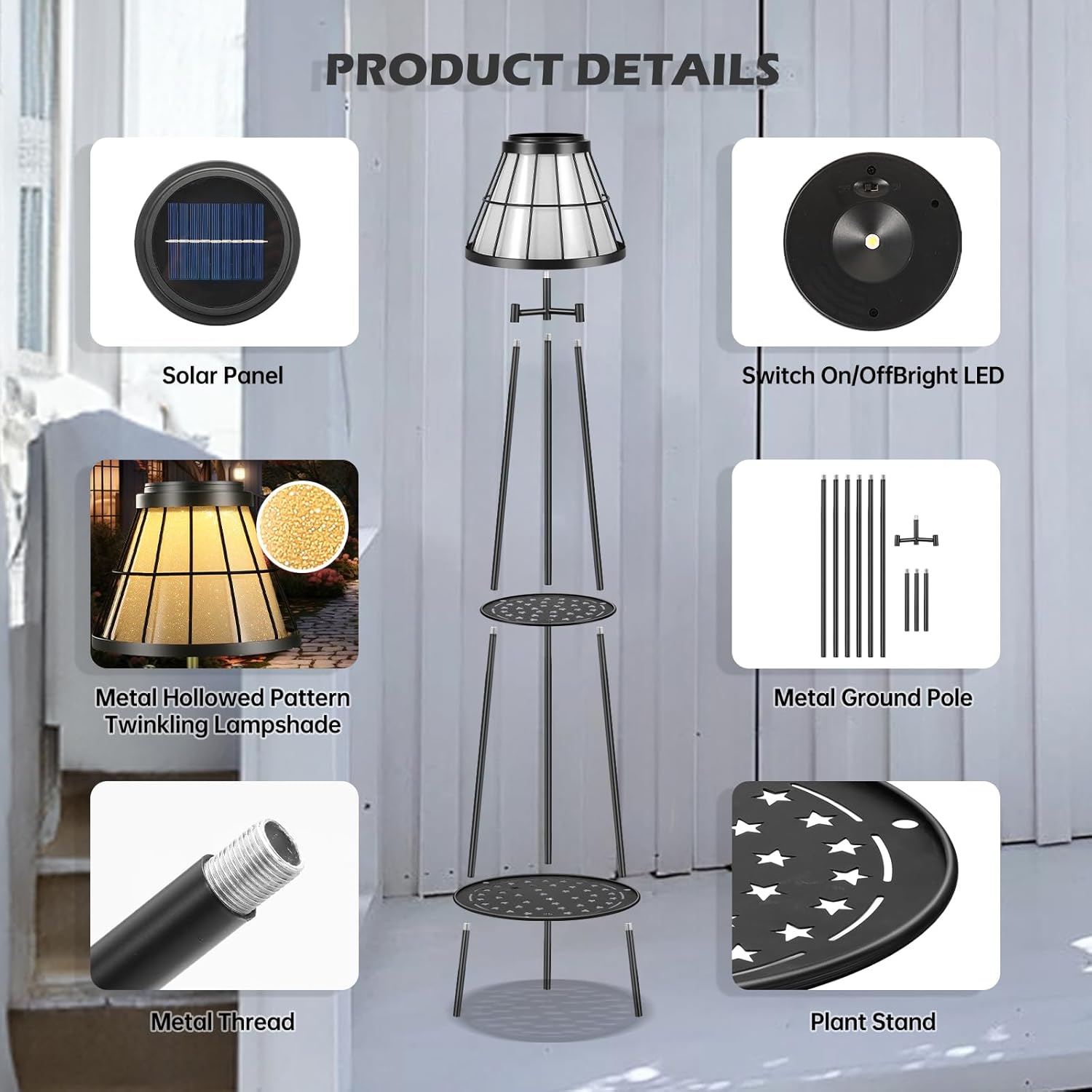 2 Pack Solar Lights Outdoor with Plant Stands, Solar Floor Lamp Street Lights Metal Tripod Patio Lights for Garden Yard Pathway Driveway Front/Back Porch Decoration-D- 2Pack Black - Double shelf