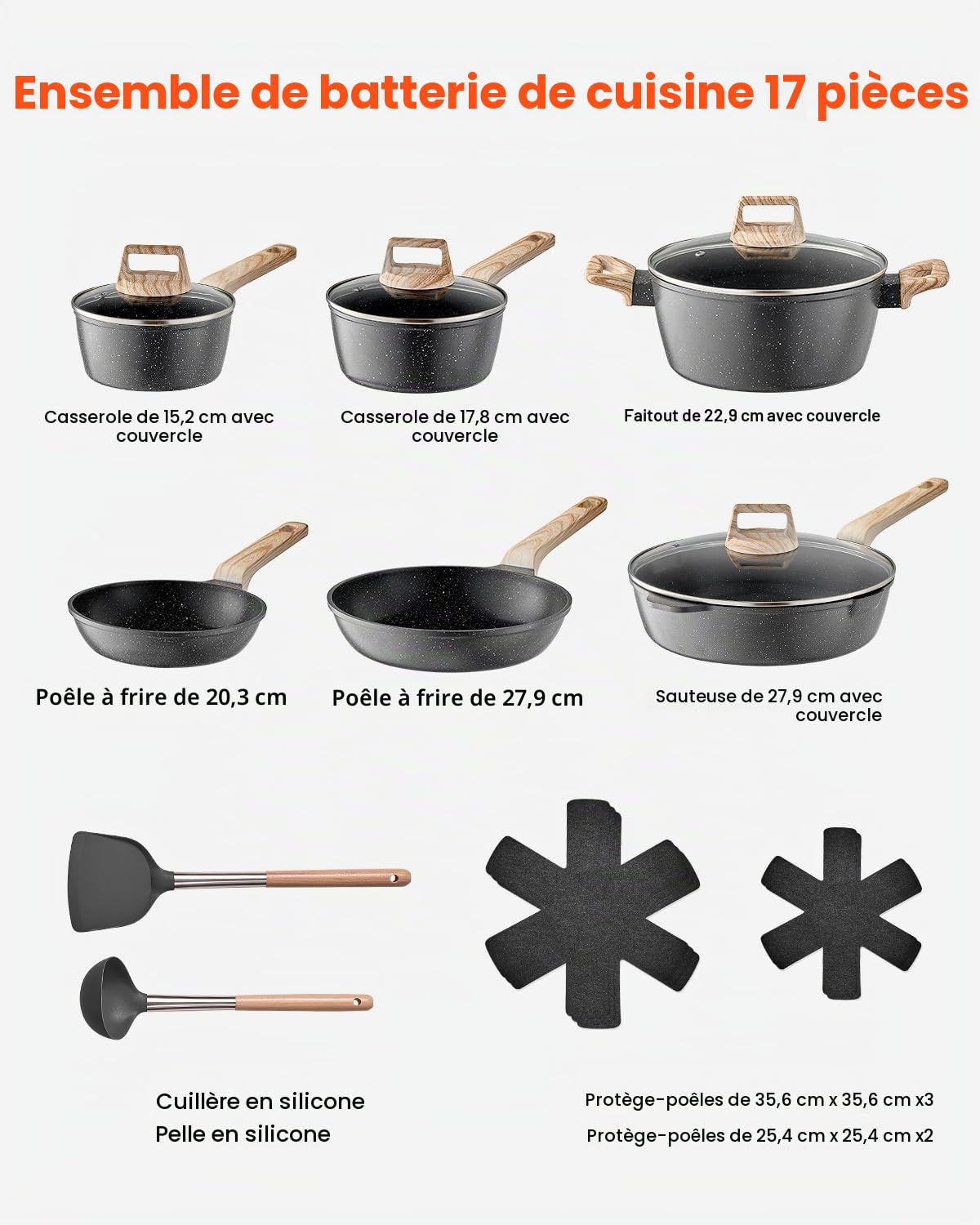 VEVOR Batterie de cuisine, 17 pcs, ensemble de casseroles et poêles à induction avec revêtement anti-adhésif en granit, couvercles en verre trempé, avec friture, sauce, sauté, passe au gril, noir