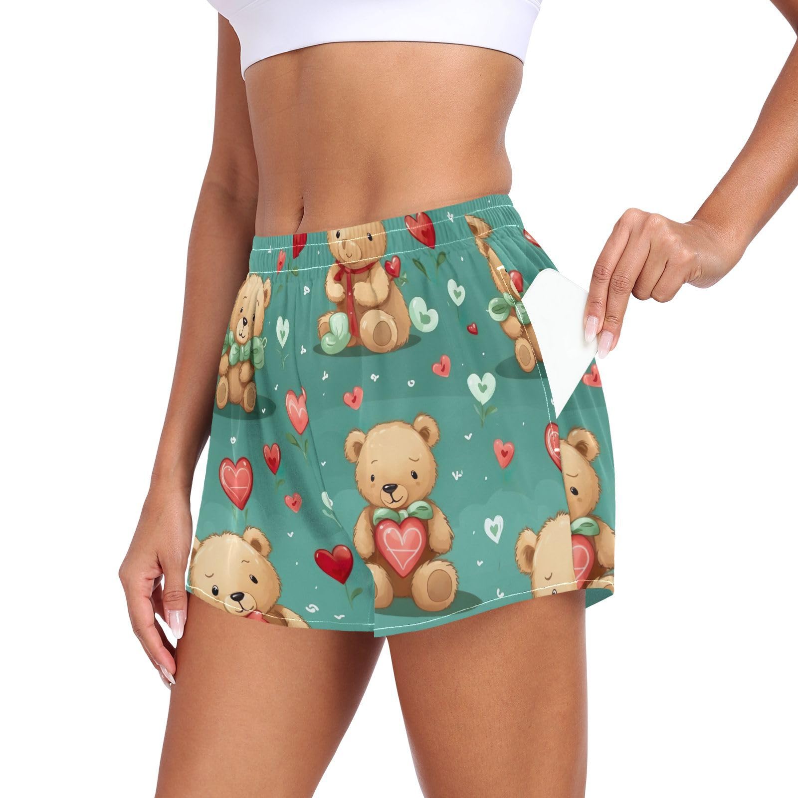 Women Athletic Shorts Pink Teddy Bear Rose Love Valentine's Day Running Shorts for Women 2XL 202a6103