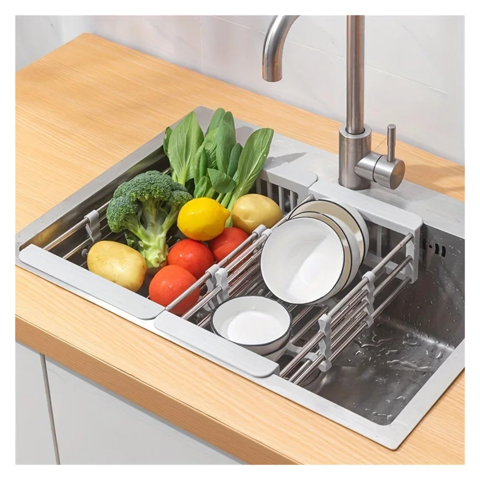 Erweiterbares Abtropfgestell aus Edelstahl für Spüle, multifunktionales Küchensieb zum Trocknen von Geschirr und Waschen von Vetables, platzsparend, für Zuhause, Küche