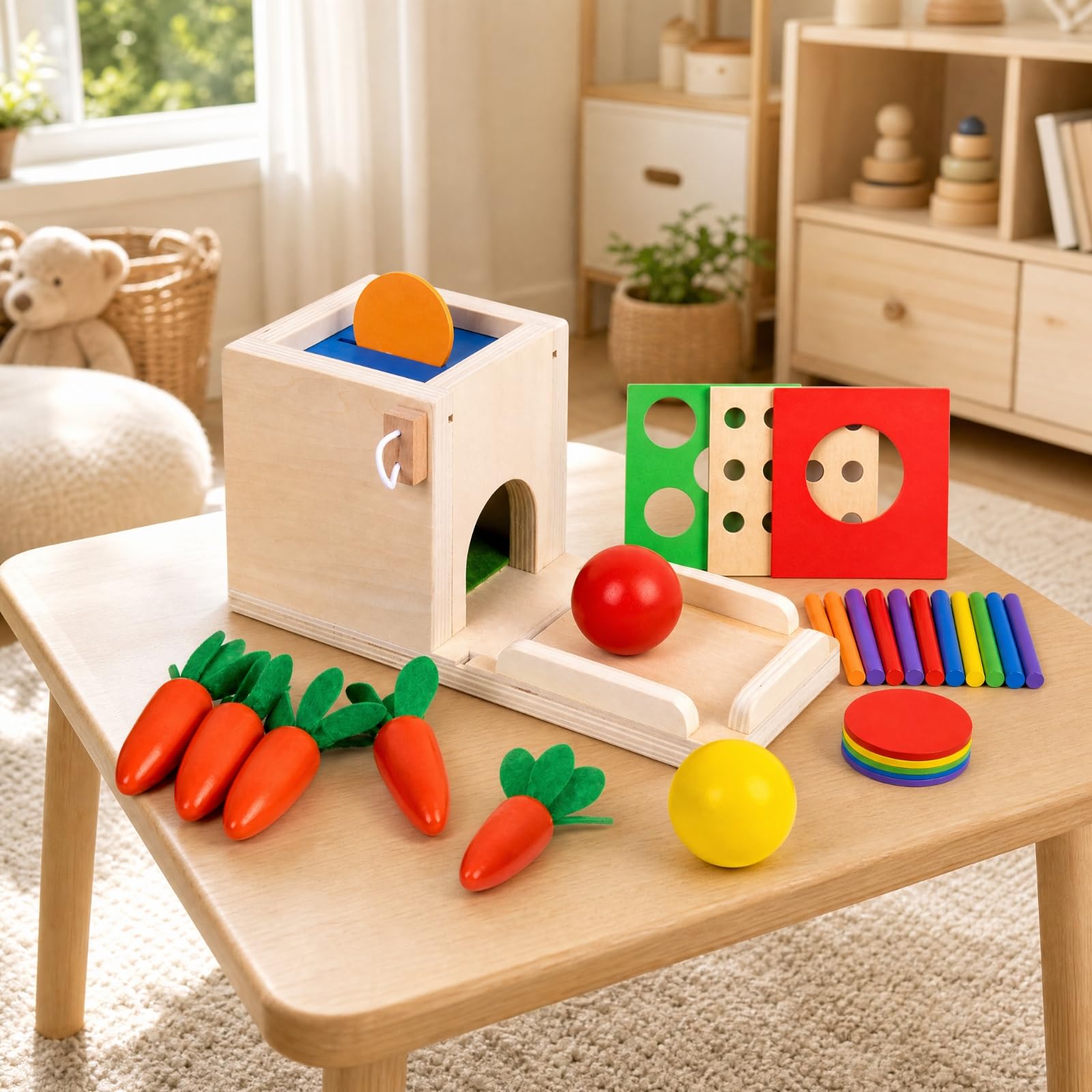 Scatola Educativo con Accessori Interattivo Scatola Educativo in Legno Atossico Gioco di Incastro in Legno per Neonati, Asilo