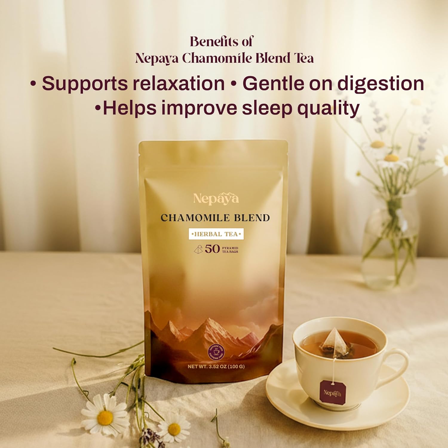 Nepaya Chamomile Tea Bags, Biodegradable 50 Pyramid Herbal Tea Bags with Chamomile & Lemongrass Blend, Caffeine-Free, Premium Floral Chamomile Herbal Tea for Relaxation