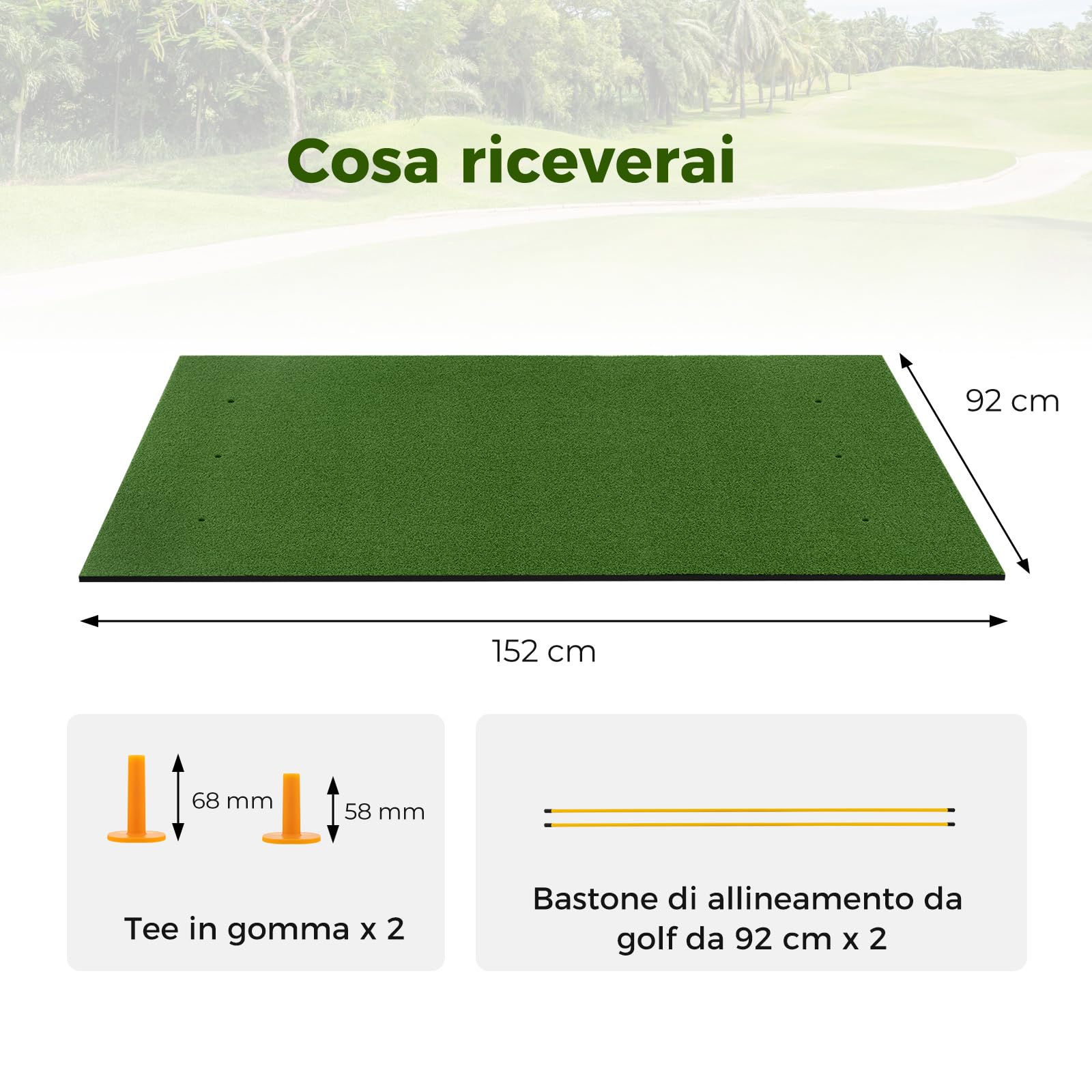 COSTWAY Tappetino da Allenamento Golf, Tappetino da Allenamento 3-in-1 con Erba Sintetica, 2 Punte da Golf, 2 Astine di Allineamento, Fori Preforati per le Punte, per Uomini e Donne