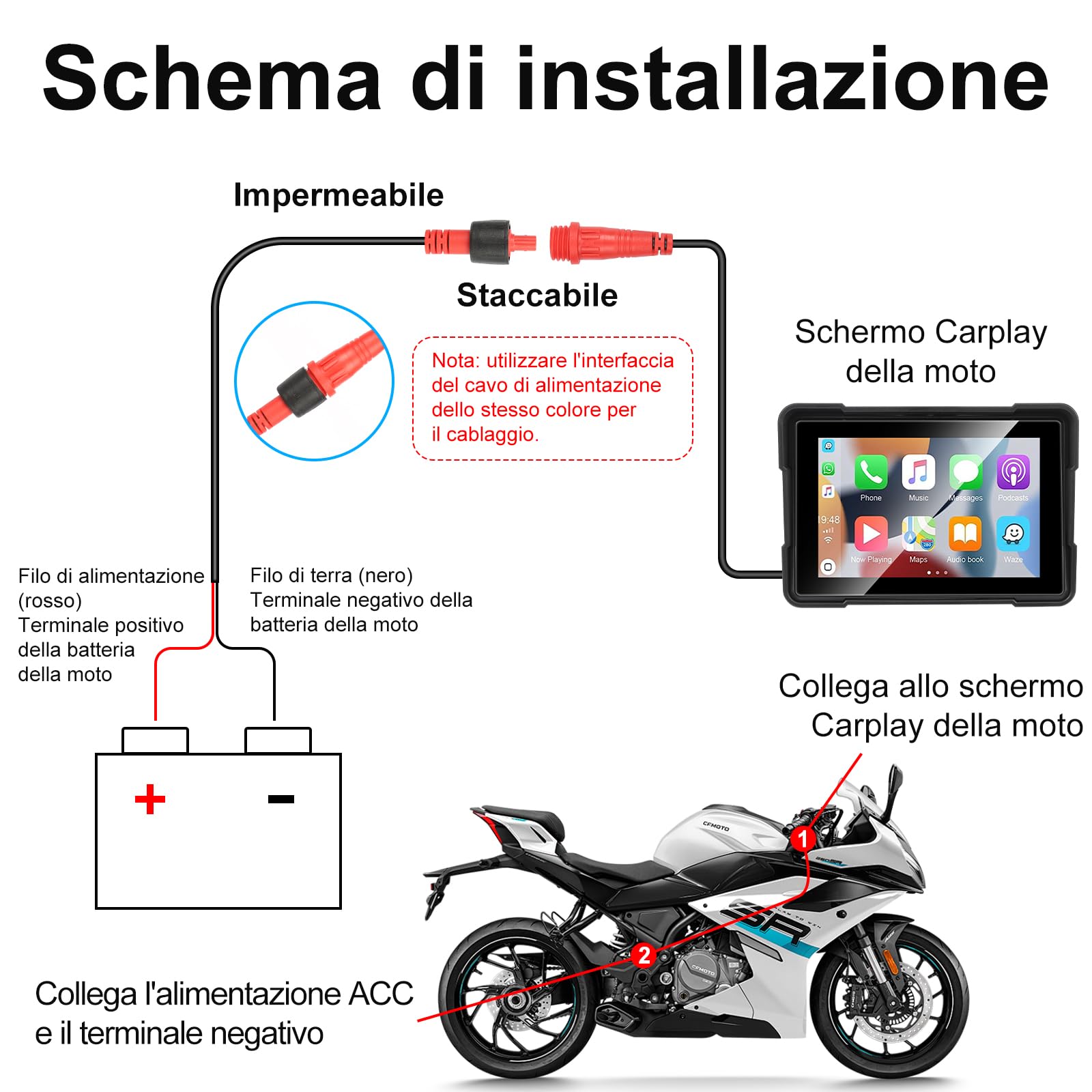 GuKKK Carpuride Pantalla CarPlay GPS para Motocicleta de 5 Pulgadas, CarPlay inalámbrico y Android Auto para Motocicletas, IP67 a Prueba de Agua,Admite Bluetooth Dual TF64, Navegación GPS Moto