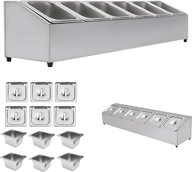 6Pans Pizza Topping Station Organizer Container Food Prep Condiment Caddy | Ingredients Holder Spice Rack Stainless Steel Candy Container Set with 6 Pans & Lids, Food Truck Restaurant Kitchen Buffet