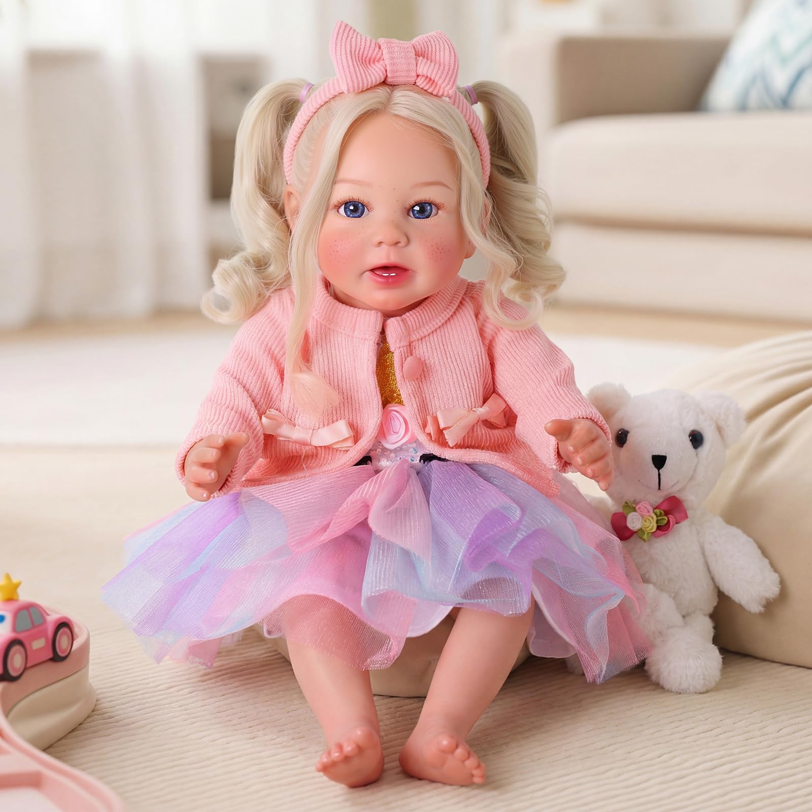 BABESIDE Reborn Baby - 17 Zoll Handgemachte Lebensechte Puppe mit Langen Grauen Haaren - Realistische Babypuppen Mädchen mit Spielzeugzubehör für Kinder Ab 3 Jahren
