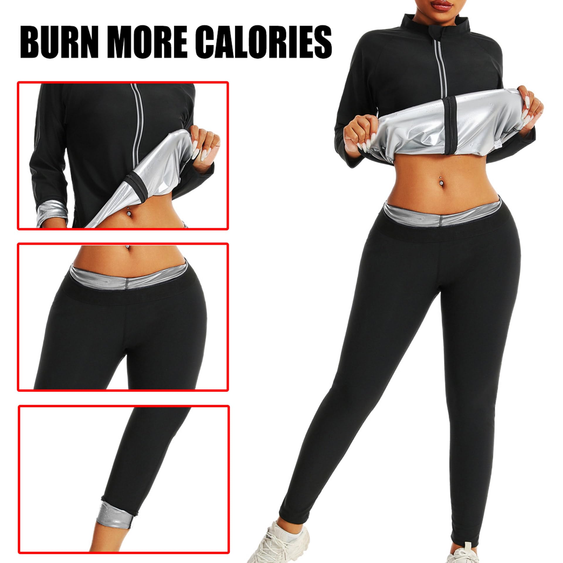Traje Sauna Mujer, Trajes De Sudoración para Fitness, Fajas Reductoras Mujer Adelgazantes, Traje De Sudor Pérdida De Peso para Yoga Running, Conjunto De Pantalón Superior,2XL,Silver