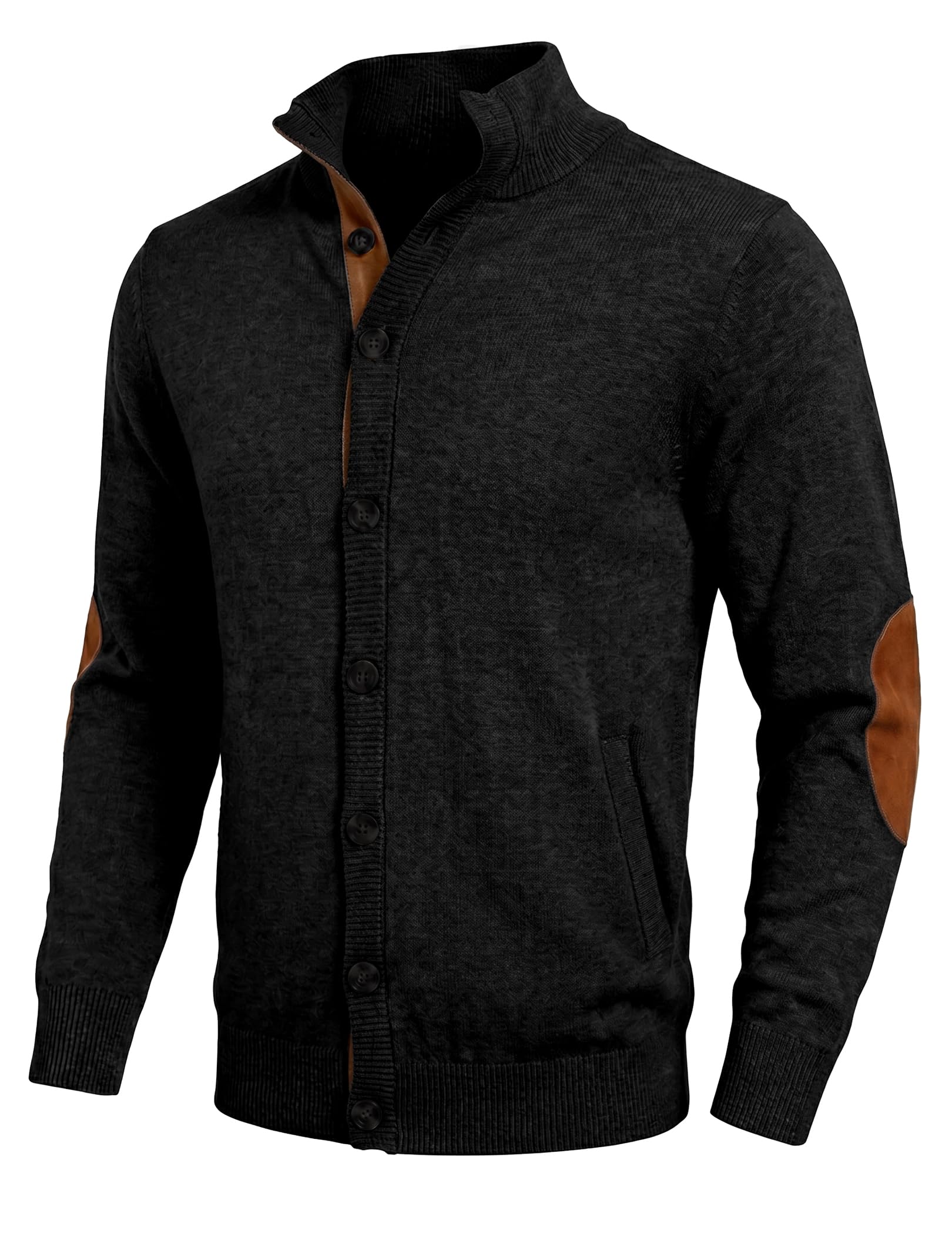 JMIERR Herren Strickjacke Lederpasse Pullover | Wildleder Ellenbogen Patches, Zwei Seitentaschen, weiche feine Strick, Langärmel, Vintage Casual