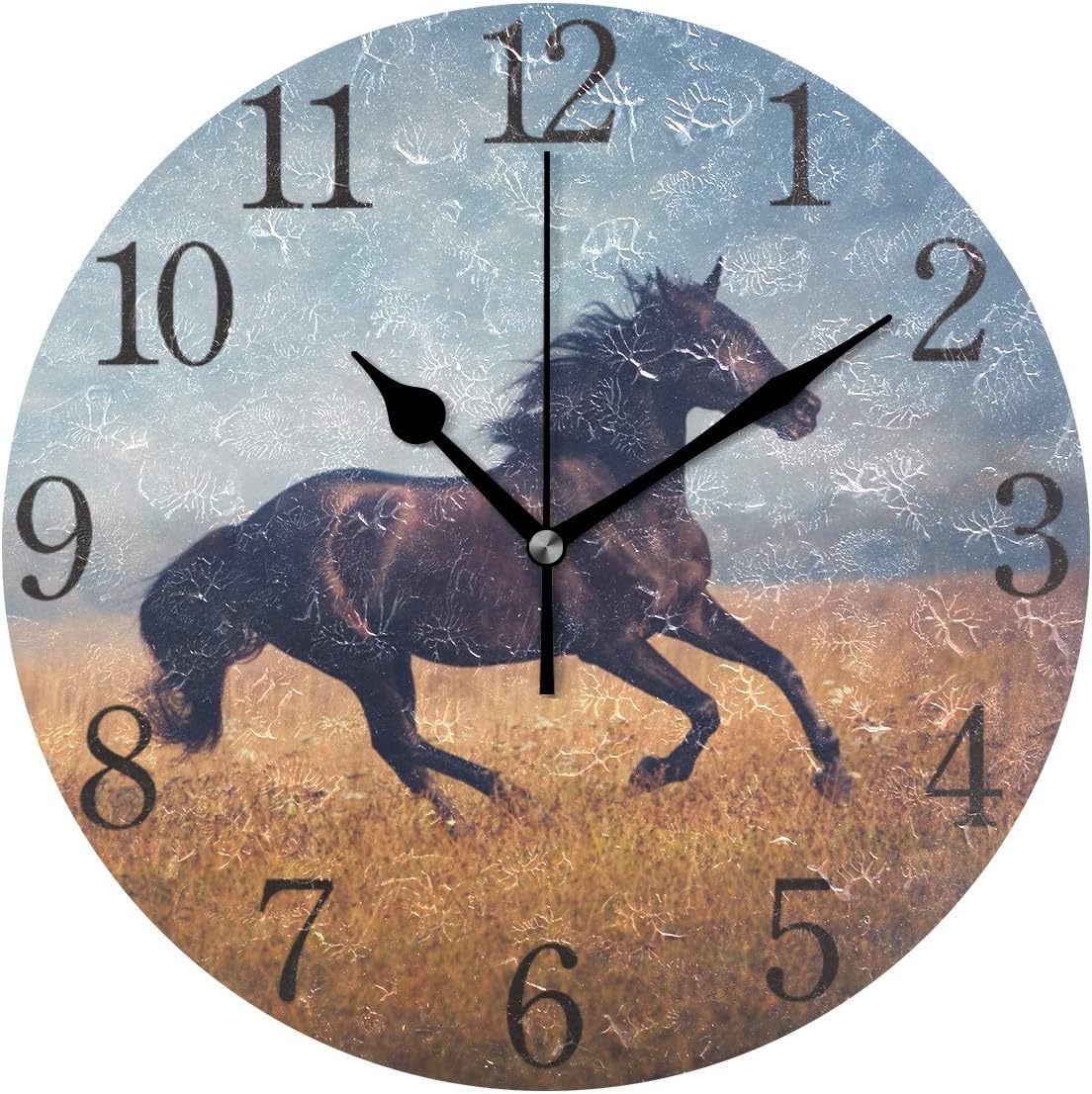 senya Wall Clock Silent 9.5 Inch Battery Operated Non Ticking Love Couple Round Decorative Acrylic Quiet Clocks for Bedroom Office School Home (Running Black Horse)