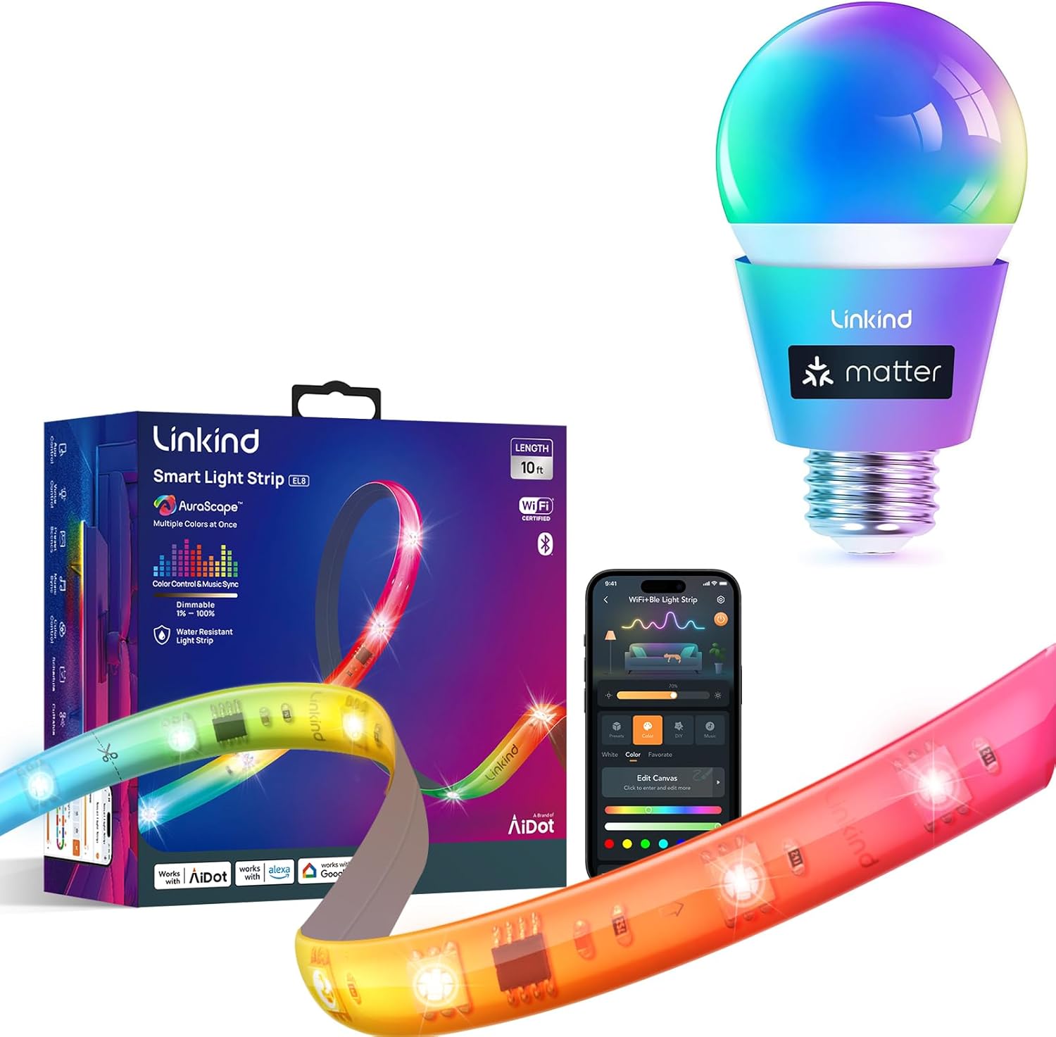 Matter Smart Light Bulb and LED Strip Lights RGB 10ft Compatible with Alexa and Google Home