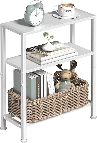 Miniatura 13 de Mesa auxiliar estrecha para espacios pequeños, mesa auxiliar pequeña de 2 niveles con soporte para estantes, mesita de noche delgada, mesa de sofá