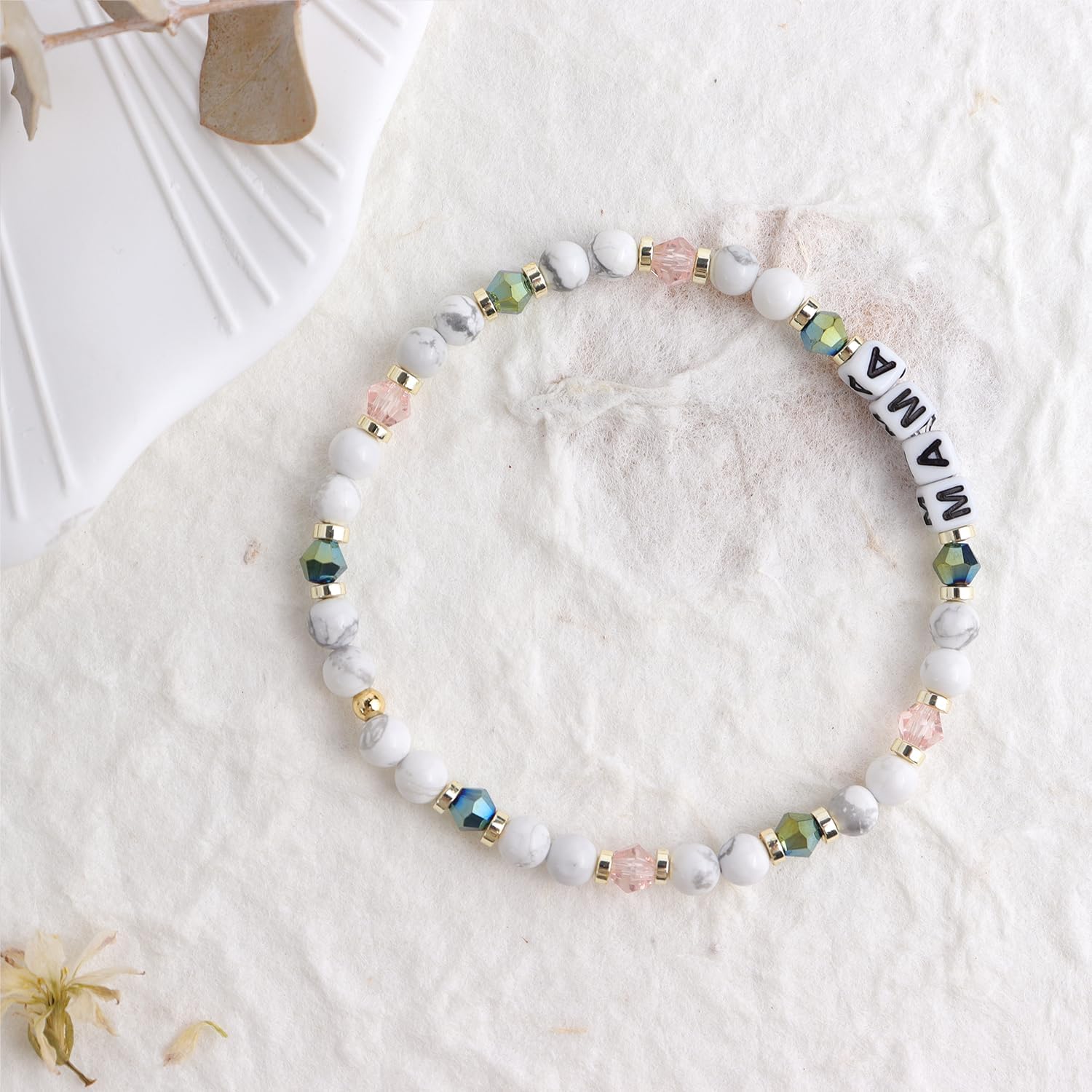 White Beaded Stretch Bracelets for Women, Stackable Love Mom Natural Stone Bead Bracelet - Image 8