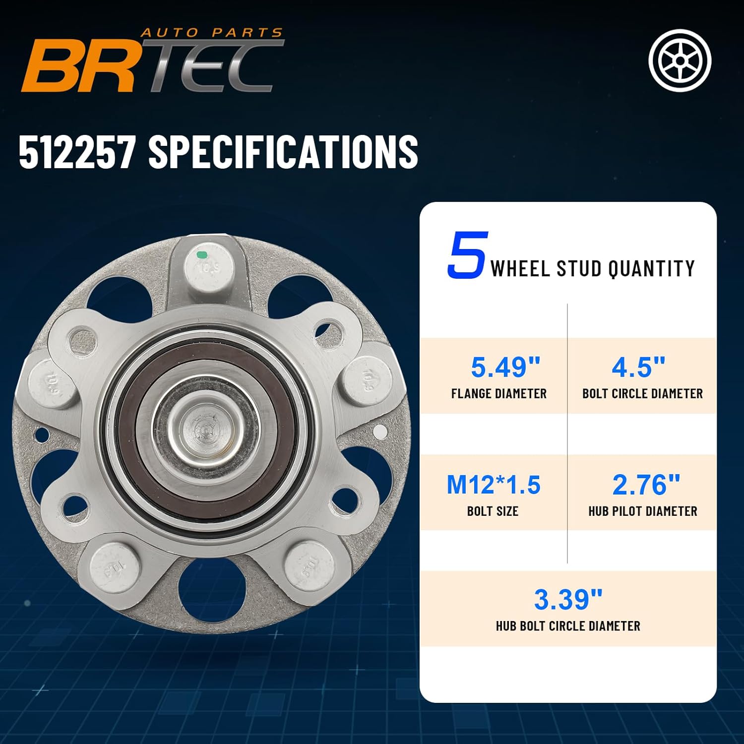 512257 2PCS Rear Wheel Hub and Bearing Assembly for Honda Civic 2006 2007 2008 2009 2010 2011 5 Lug W/ABS Pair