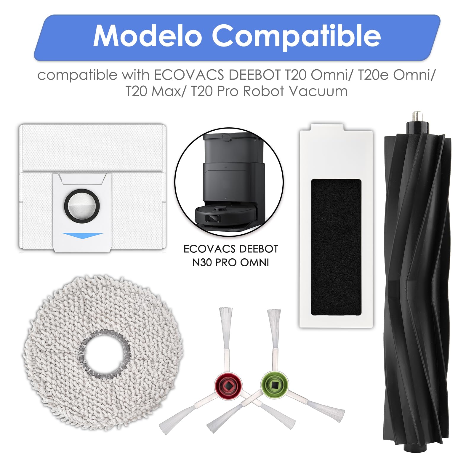 (22 Pezzi) T20 Omni Ricambi per ECOVACS DEEBOT T20e Omni/ T20 Max/ T20 Pro, 1 Spazzola a Rullo, 4 Spazzole Laterali, 7 Sacchetti Raccoglipolvere, 5 Filtri HEPA, 5 Panni per Mocio, Kit di Accessori