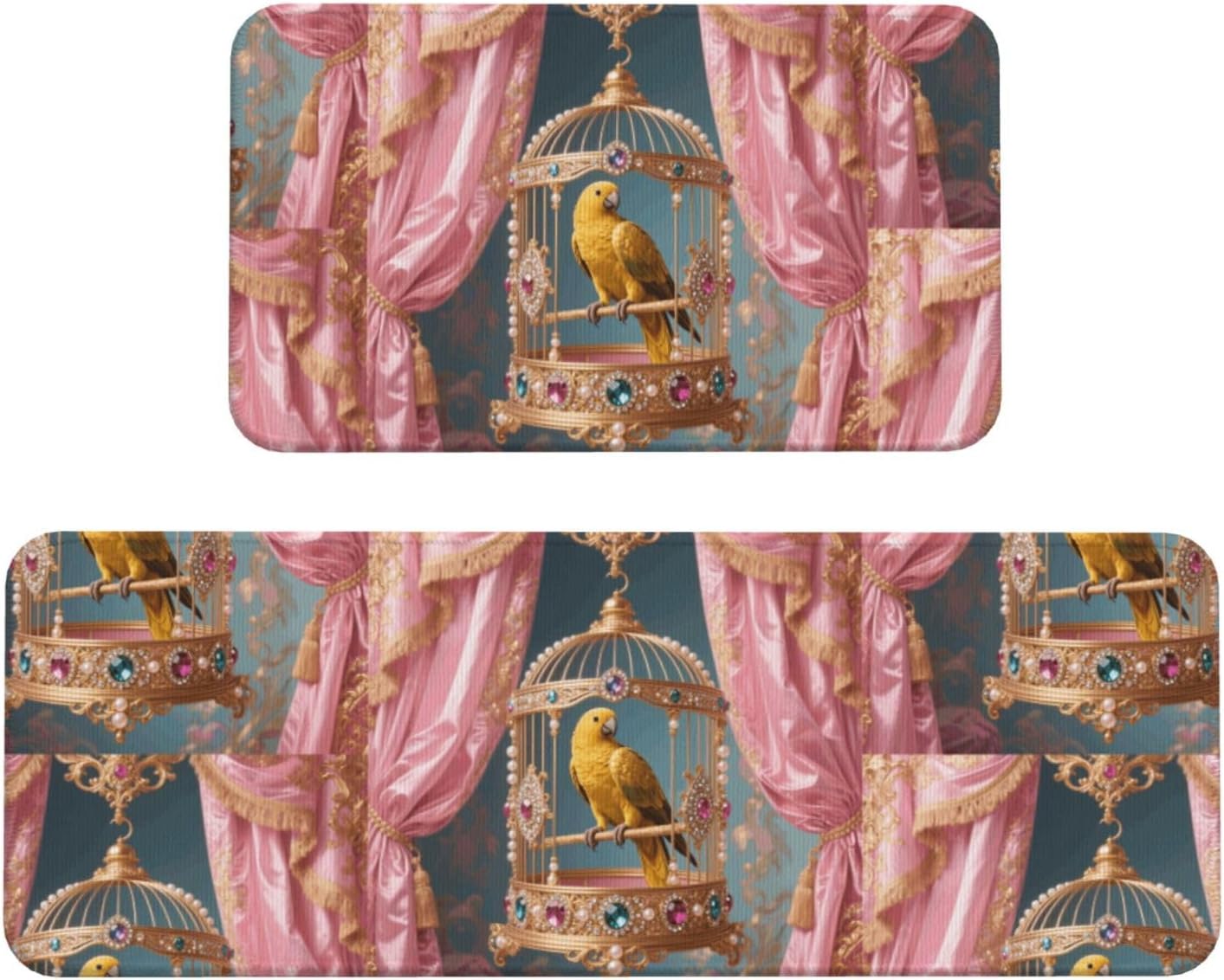 Golden Parrot in Cage Kitchen Rugs Set of 2, Cushioned Anti-Fatigue Kitchen Mats for Floor, Waterproof Comfort Standing Mat Absorbent Velvet Kitchen Runner Rugs 17"x30"+17"x47"