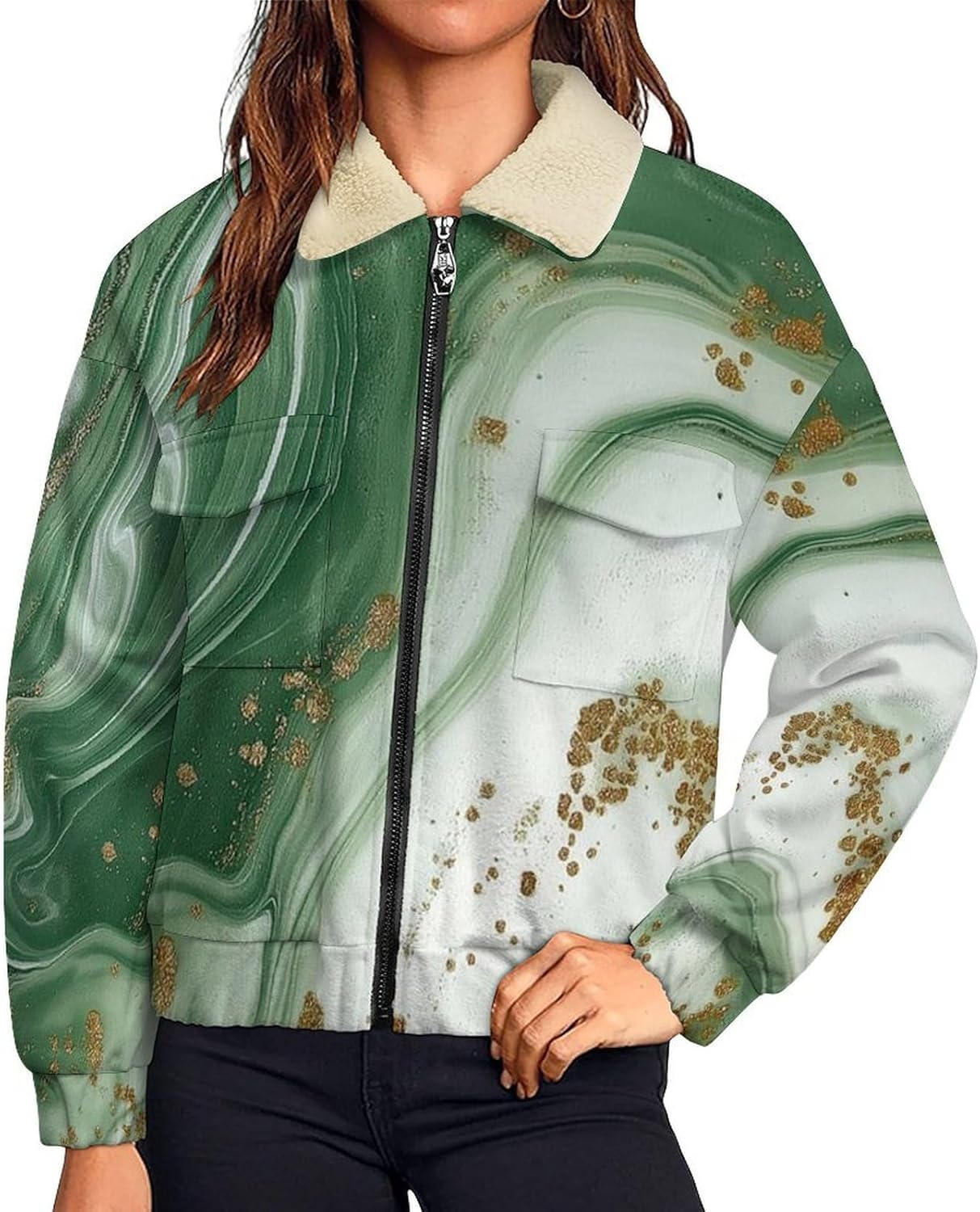 Women's Full Zip Soft Polar Fleece Jacket, Marble Patterned Printed Outdoor Recreation Coat, Long Sleeve Outerwear