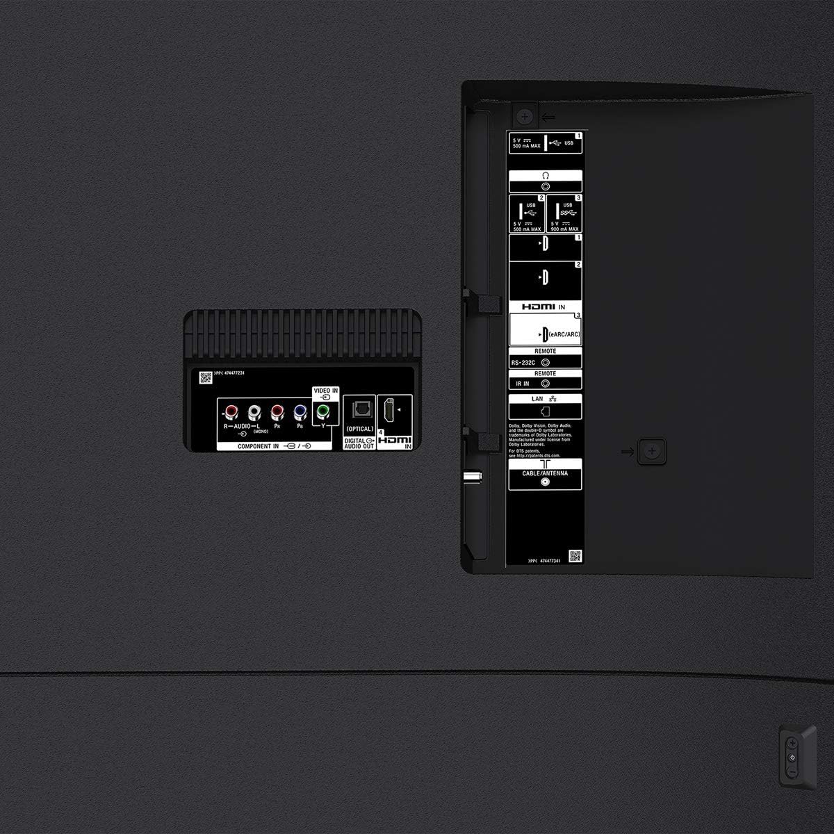 Close-up view of the input ports on the back of the Sony XBR-X850G TV, including HDMI, USB, and audio connections