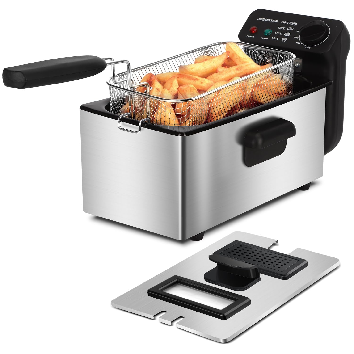 Aigostar Ushas - Fritteuse 3L, 2200 W, Transparenter Deckel, Herausnehmbare Innenpfanne, Einstellbarer Thermostat, Wedelstahl, BPA-frei
