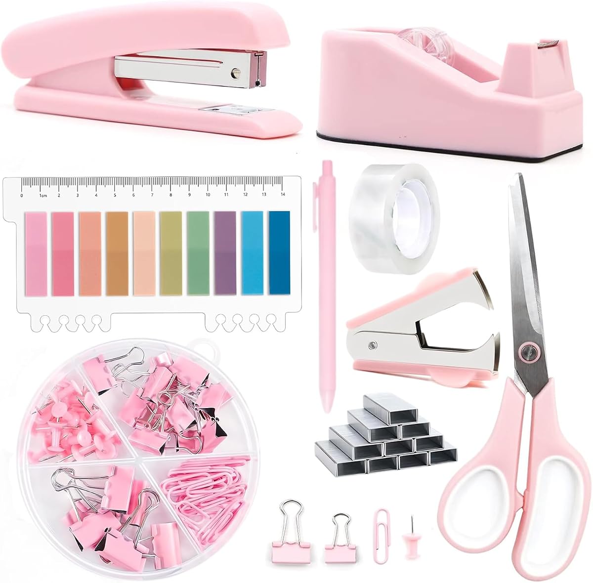 Office Supplies,Pink Desk Accessories,Office Supplies Set,Stapler and Tape Dispenser Set,Scissors,Staple Remover,Binder Clips,Staples,Ballpoint Pen,Index Tabs with Ruler,Clear Tape.9pcs for Office