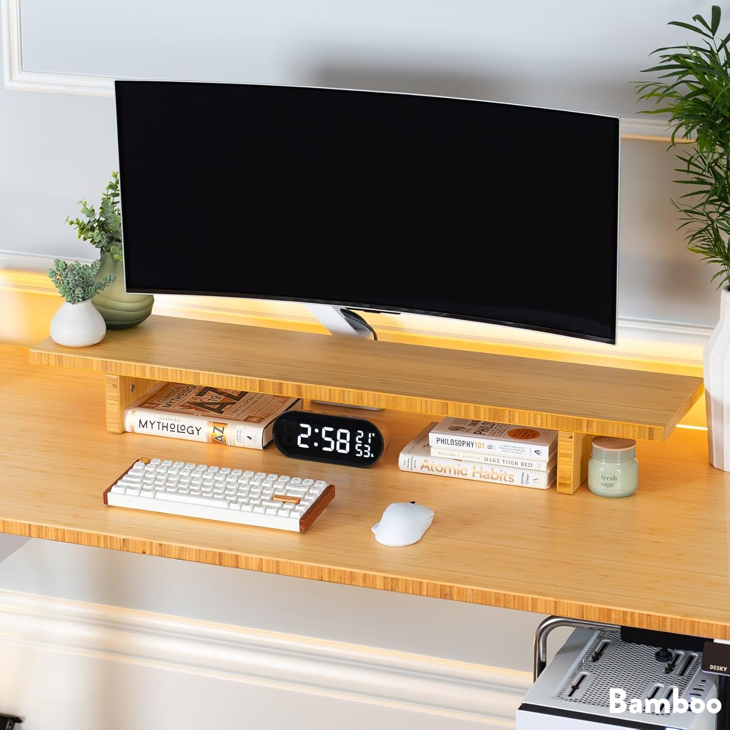 Desky Monitor Stand – Pheasantwood Blue River Desktop Riser with Matching Timber Legs, Ergonomic Screen Elevation, Integrated Cable Port