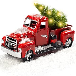 DomeStar Christmas Red Truck Decor, Vintage Red Truck Set Metal Farm Pickup Truck Model with LED Christmas Tree Ornament for Christmas Winter Table Home Decoration