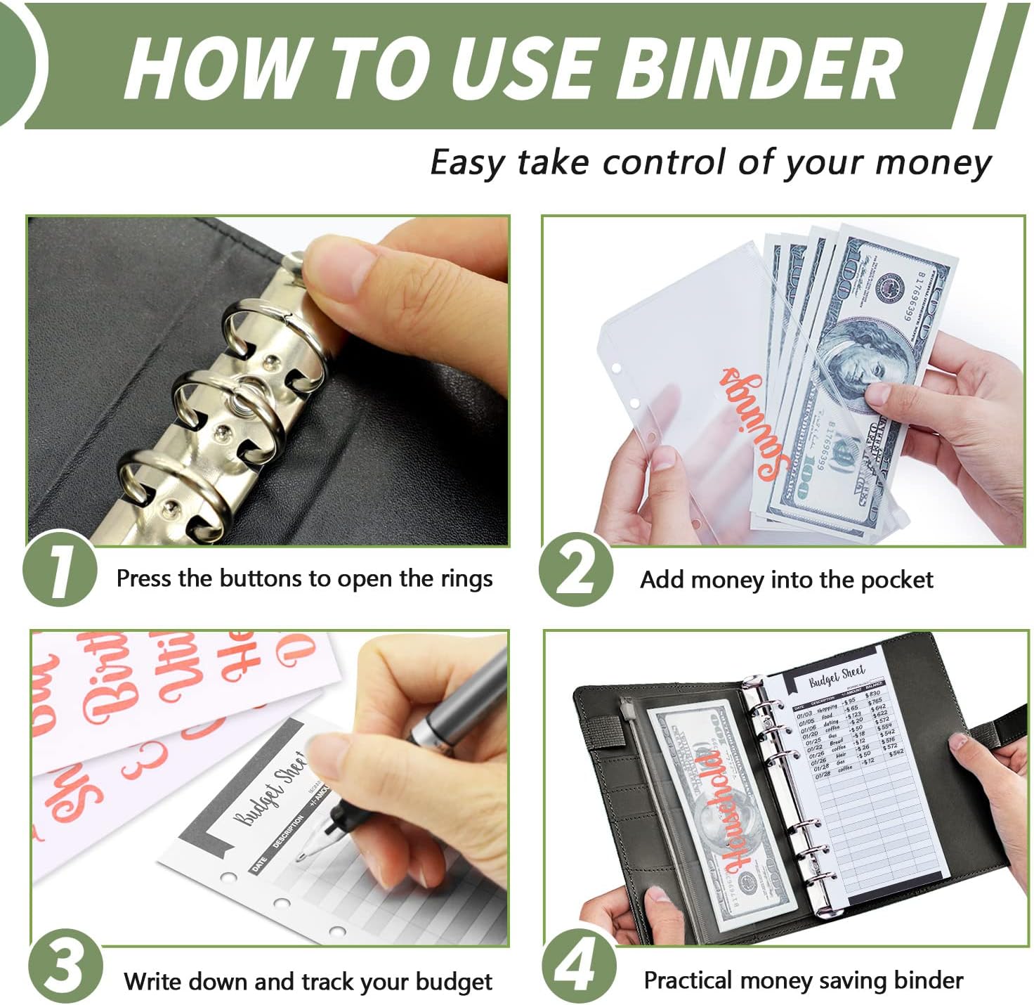 Budget Binder with Zipper Envelopes & Expense Budget Sheets,47PCS Money Binder with Cash Envelopes for Budgeting Binder and Saving Money Orgnizer