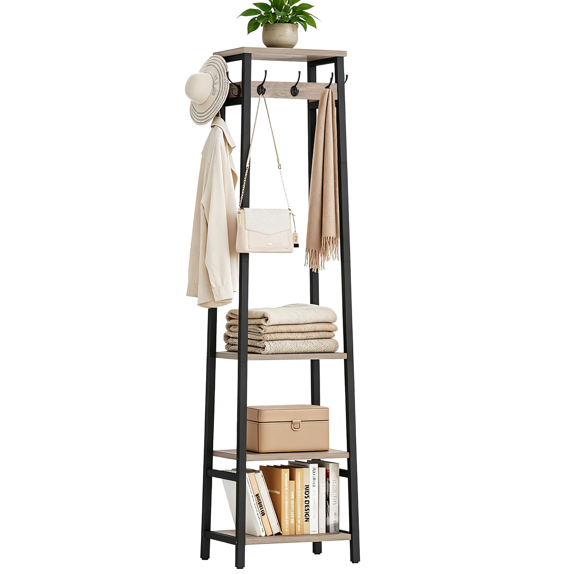 Miphlian Freistehende Garderobe mit 3 Regalen und 7 Haken | Moderner Kleiderständer mit Ablagen und Haken für Flur, Schlafzimmer oder Eingangsbereich, Greige-Schwarz
