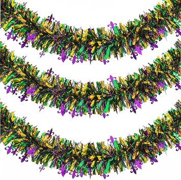 4pcs Mardis Gras Tinsel Garland 26.25ft Mards Gras Decorations Glitter Tinsel Garland Party Parade Float Decor Indoor Outdoor Tree Decoration Party Supplies Purple Green Gold Metallic Streamers