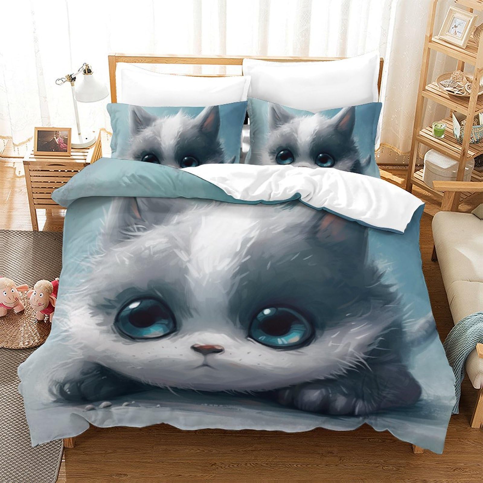 Parure de lit chat 3D microfibre 200x200 cm avec housse de couette fermeture éclair et 2 taies