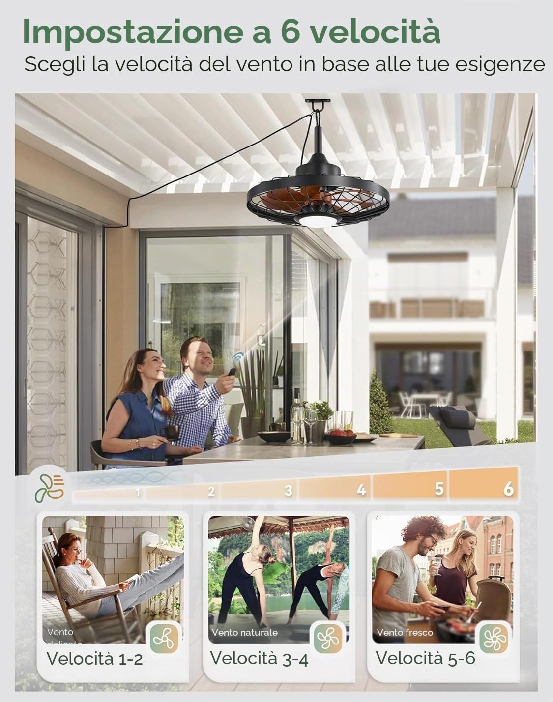 Ventilatore da Soffitto con Luce LED, Nero con Pale in Legno Scuro, Stile Industriale Retrò a Gabbia, Impermeabile IP65, 50 cm, Telecomando e Applicazione