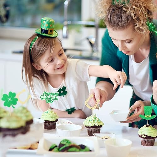 Miniatura 4 de Gyufise Paquete de 24 adornos para cupcakes del día de San Patricio, trébol de cuatro hojas, sombrero de trébol de cuatro hojas, para decoración de