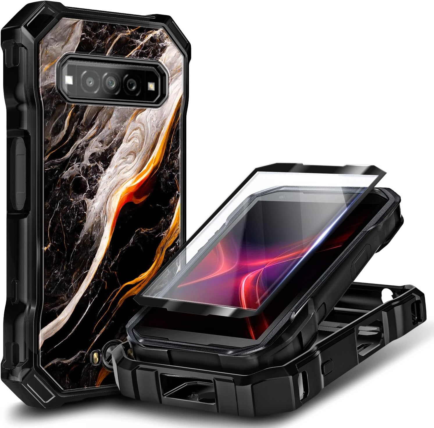 NZND Compatible with Kyocera DuraForce Pro 3 (E7200) Case with Tempered Glass Screen Protector, Full-Body Protective Shockproof Rugged Bumper Cover, Impact Resist Phone Case (Black Marble)