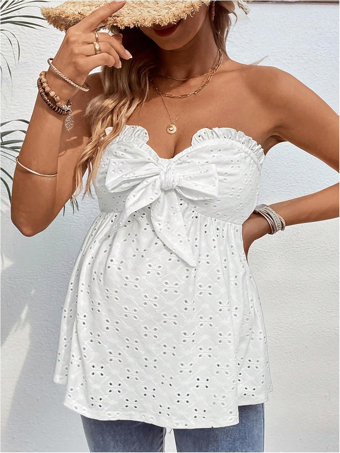 MakeMeChic Women's Maternity Summer Clothes Tube Tank Tops Eyelet Embroidery Strapless Cut Out Pregnancy Shirts - Image 4