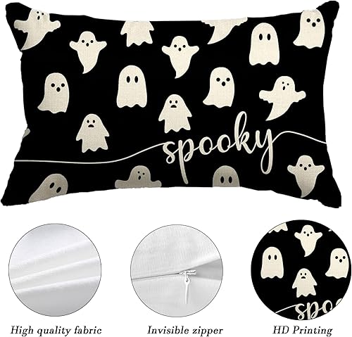 Miniatura 5 de Juego de 2 fundas de almohada de Halloween de 16 x 16 pulgadas, diseño de calabaza, fantasma, estrellas, para exteriores, para el hogar, sofá, casa