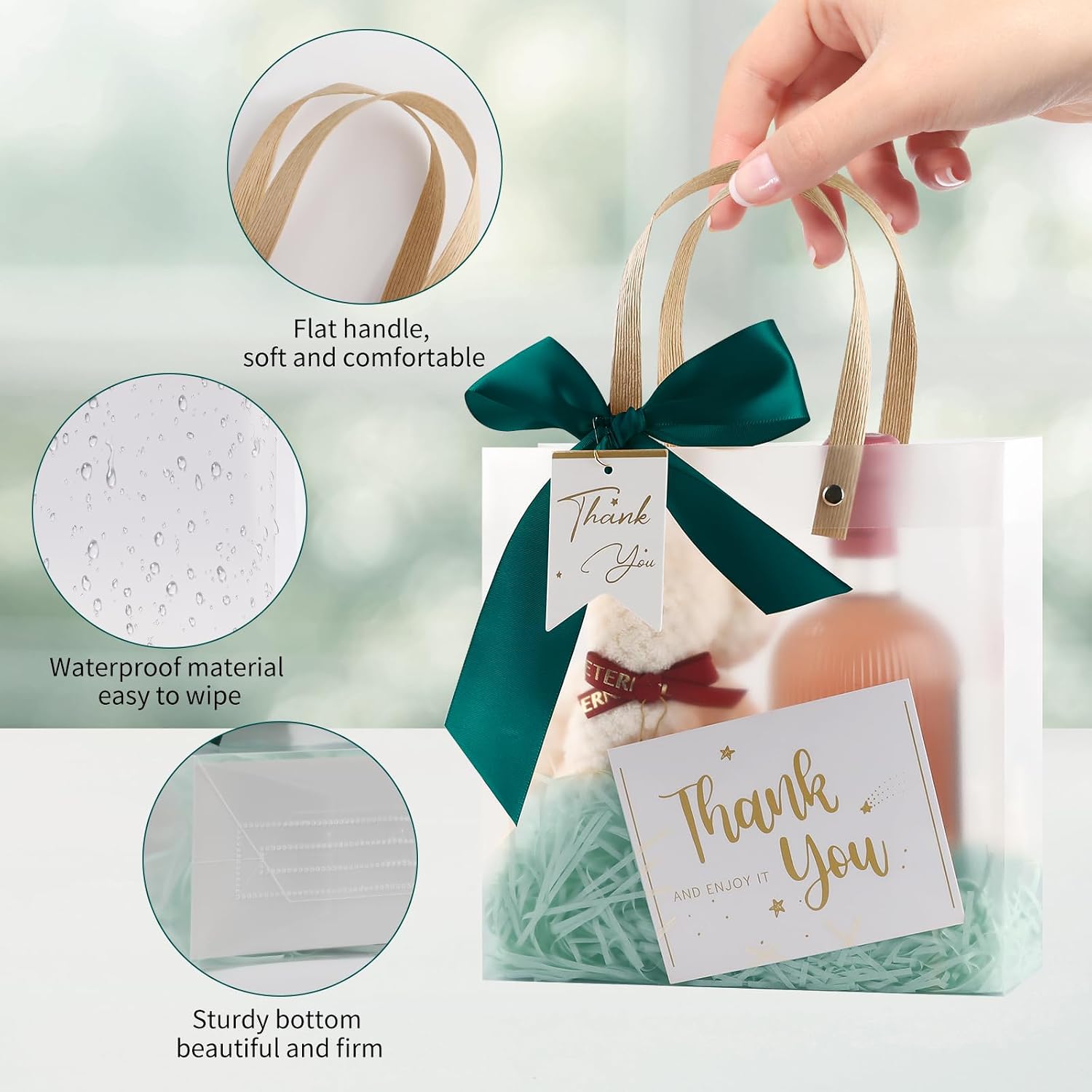 12 Pack Clear Plastic Gift Bags with Handles, 7.9" x 7.9" x 3.1" Party Favor Bags with Forest Green Ribbons and Tags, Reusable Frosted Tote Bags for Candy, Wedding Baby Shower Valentine's Day image 3