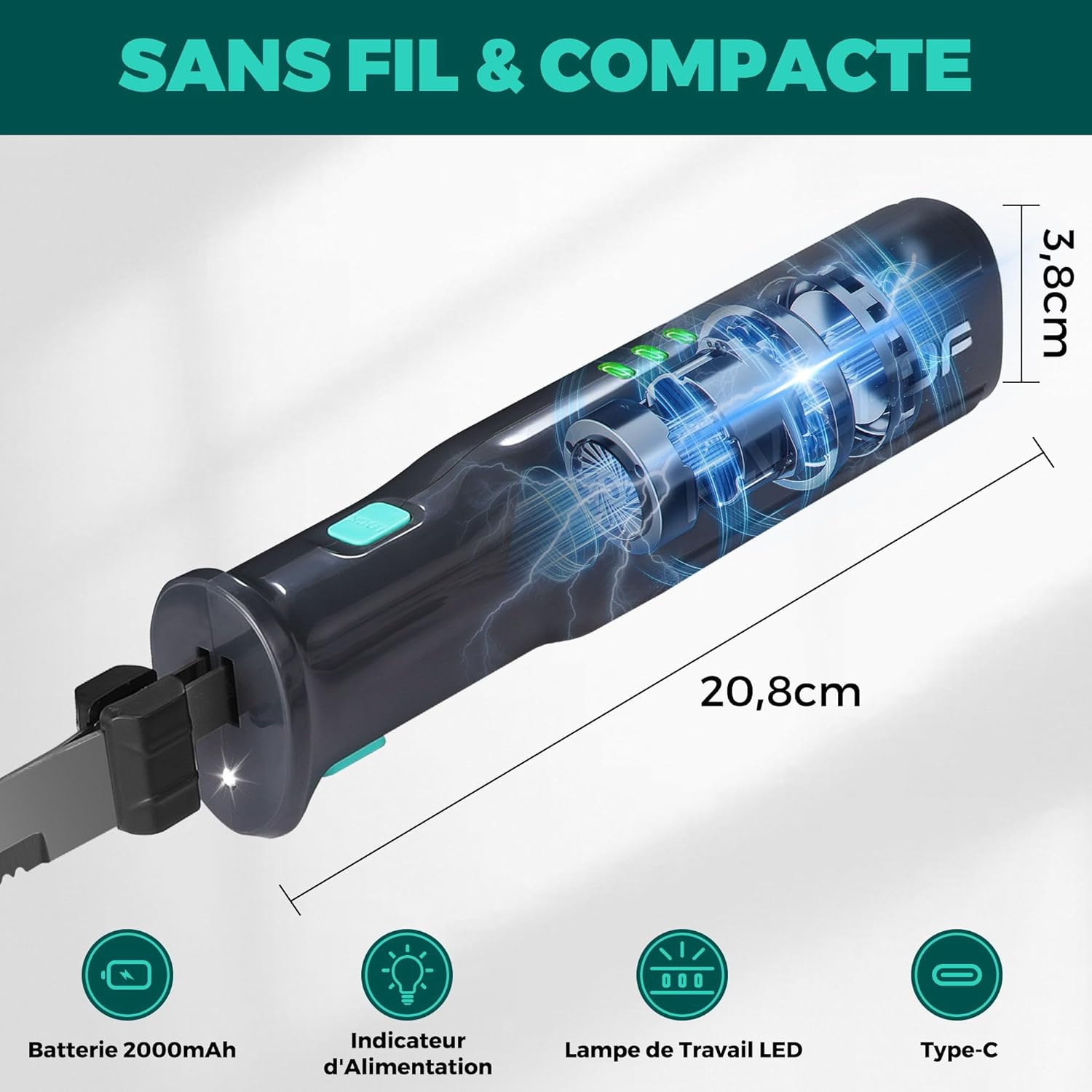 HAUSHOF Electric Knife handle showing dimensions, 2000mAh battery, power indicator, LED work light, and Type-C port