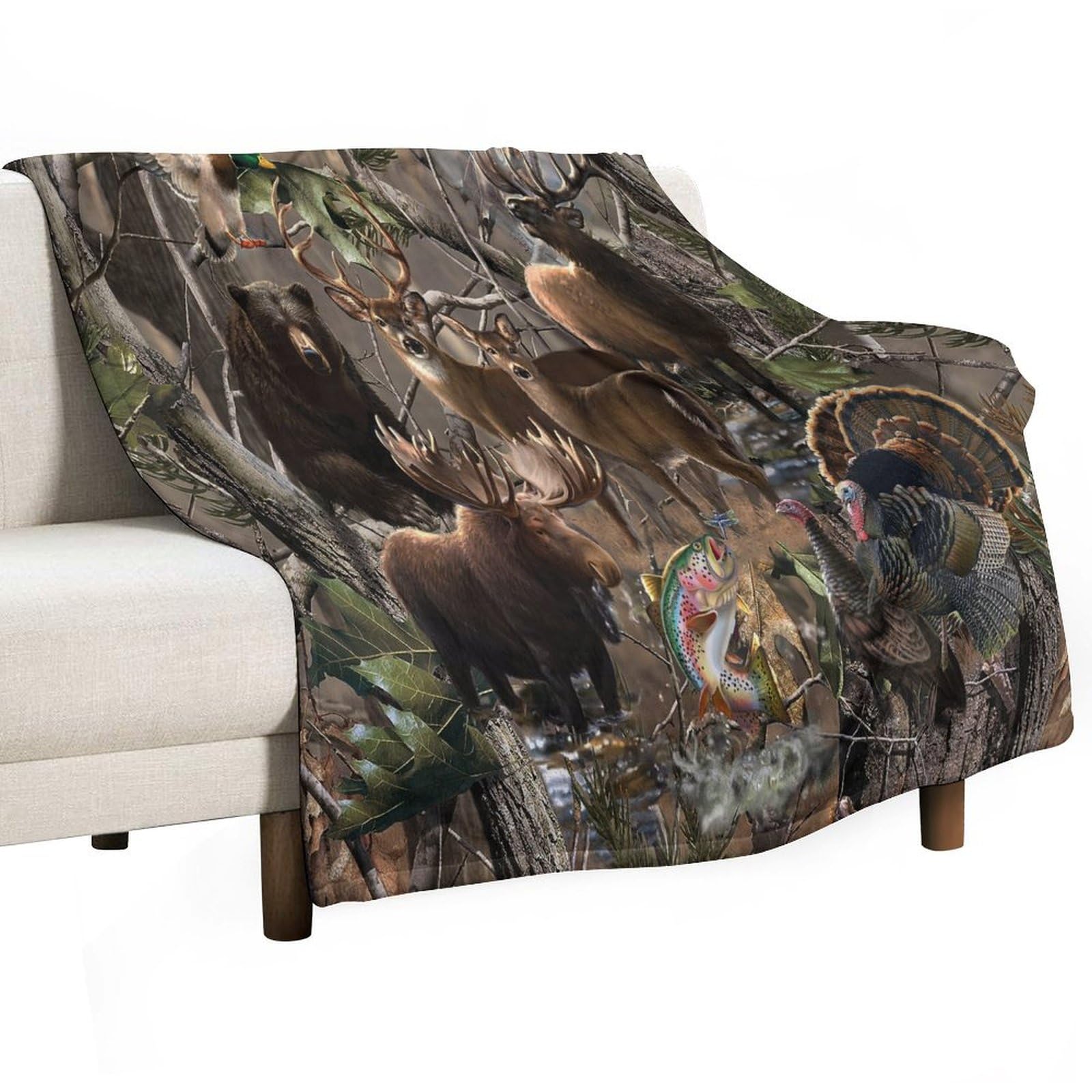 BenYaSong Forest Camouflage Throw Blanket Camo Rustic Deer Elk Bird Bear Style Print for Farmhouse Home Sofa Couch Chair Livingroom Bedroom 60"x80"