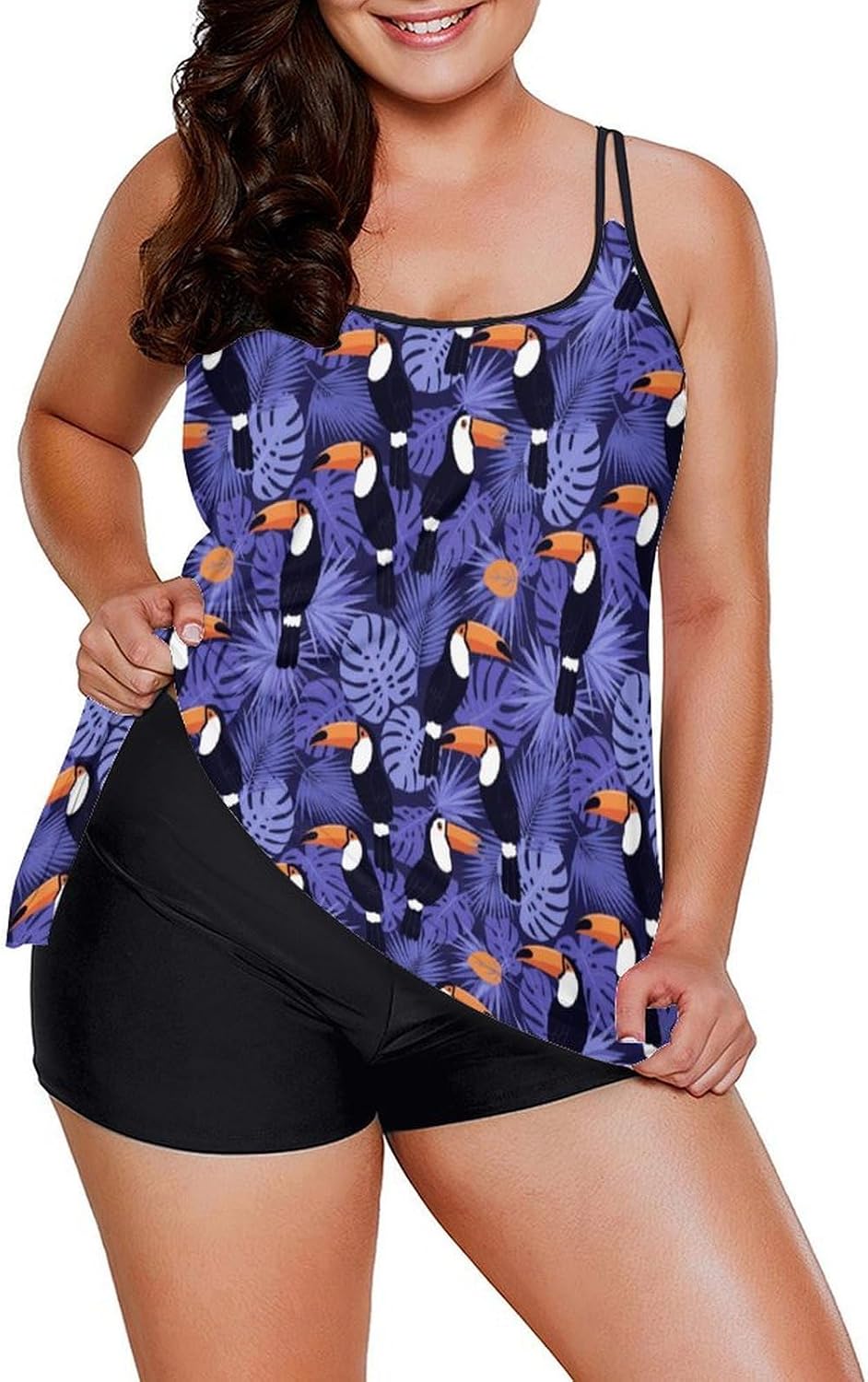 Two Piece Tankini Swimsuits for Women Tummy Control Plus Size Bathing Suits Parrot Flowy Swim Tops with Boyshorts 5XL