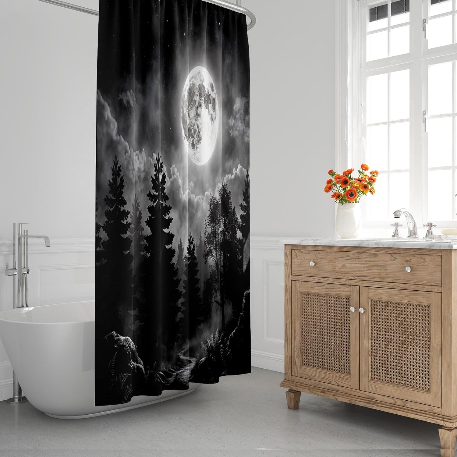 Pamnest 4 Pcs Shower Curtain Sets, Moon Forest Celestial Waterproof Bathroom Sets with Non-Slip Rugs,Toilet Lid Cover and Bath Mat, Accessories Modern Home Bathroom Decor 72" X 72"