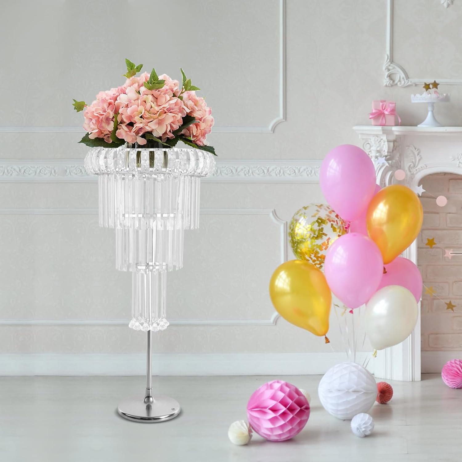 Wedding Silver Vases Centerpieces Crystal Flower Stand with Hanging Crystals&Light, Beautiful Round Chandelier Pedestal Stand for Wedding T Stage Birthday Party Decoration (4Tier, Silver, with Light)