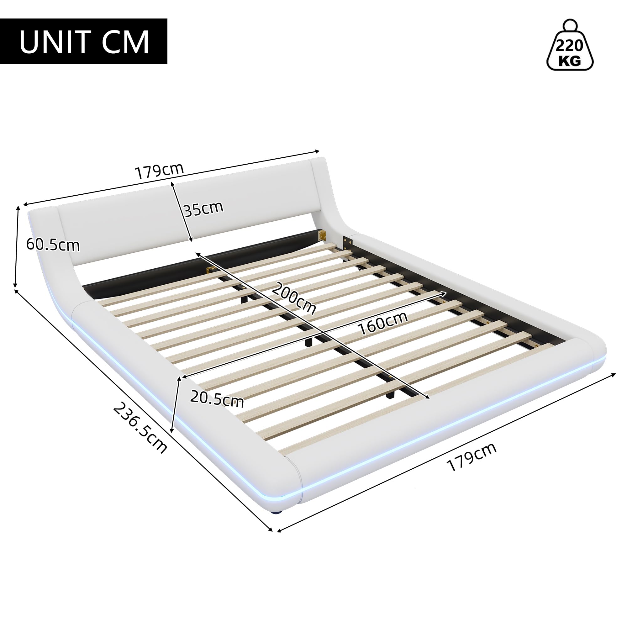 Rtopsu Letto Imbottito Letto Matrimoniale 160x200 cm, Letti con Illuminazione a LED, Letti da Terra Moderno con Rete in Metallo e Rete a Doghe in Legno, PU, Bianco, Senza Materasso