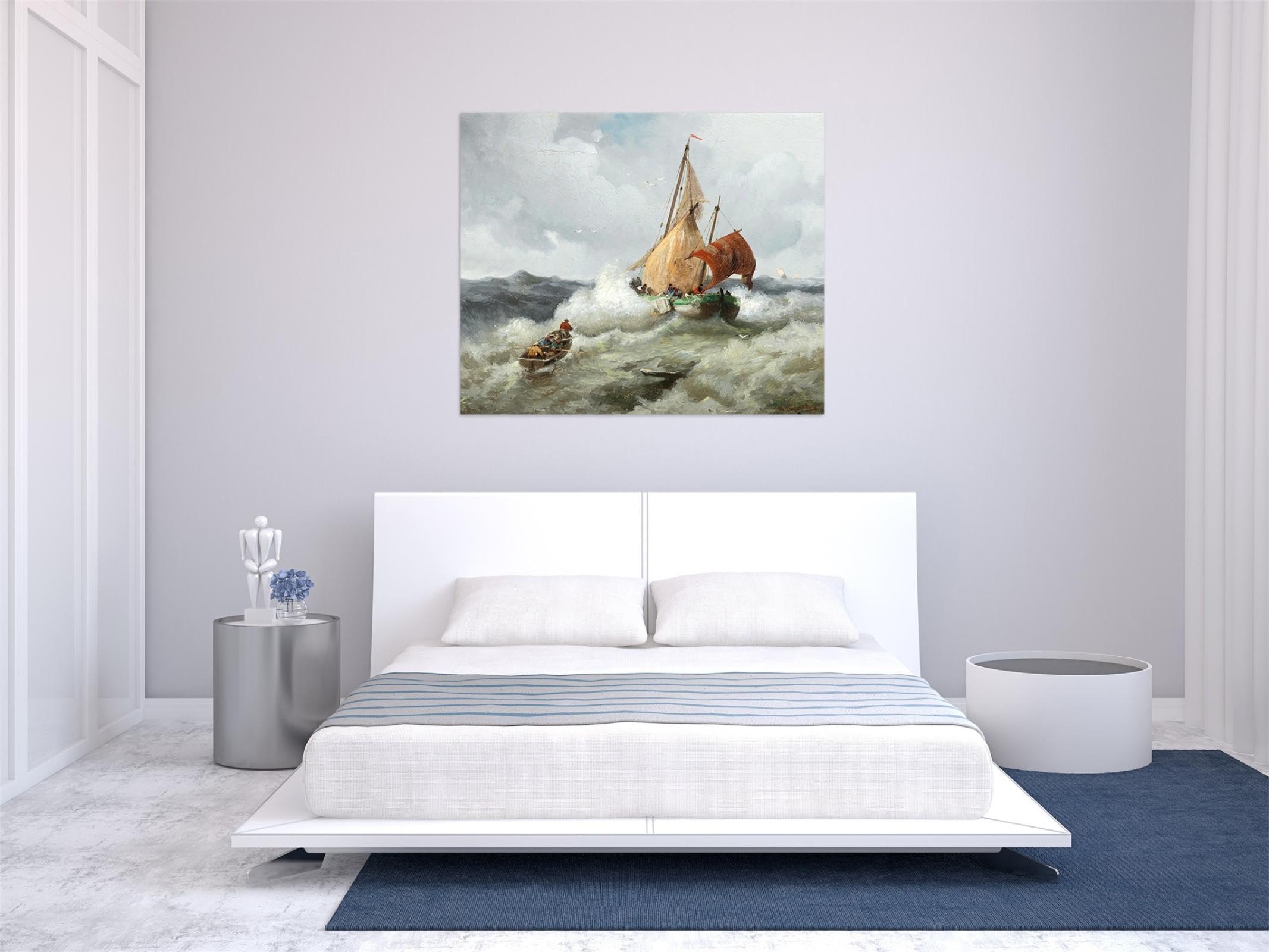 LXURY Adof Kafmann Tableau Murale sur Toile-Cadre en Bois Tableaux D'art Célèbre-Reproductions Impression sur Toile-Affiche Décoration Murale-Pêcheur in mer agitée 50x60cm20x24inch Encadrée