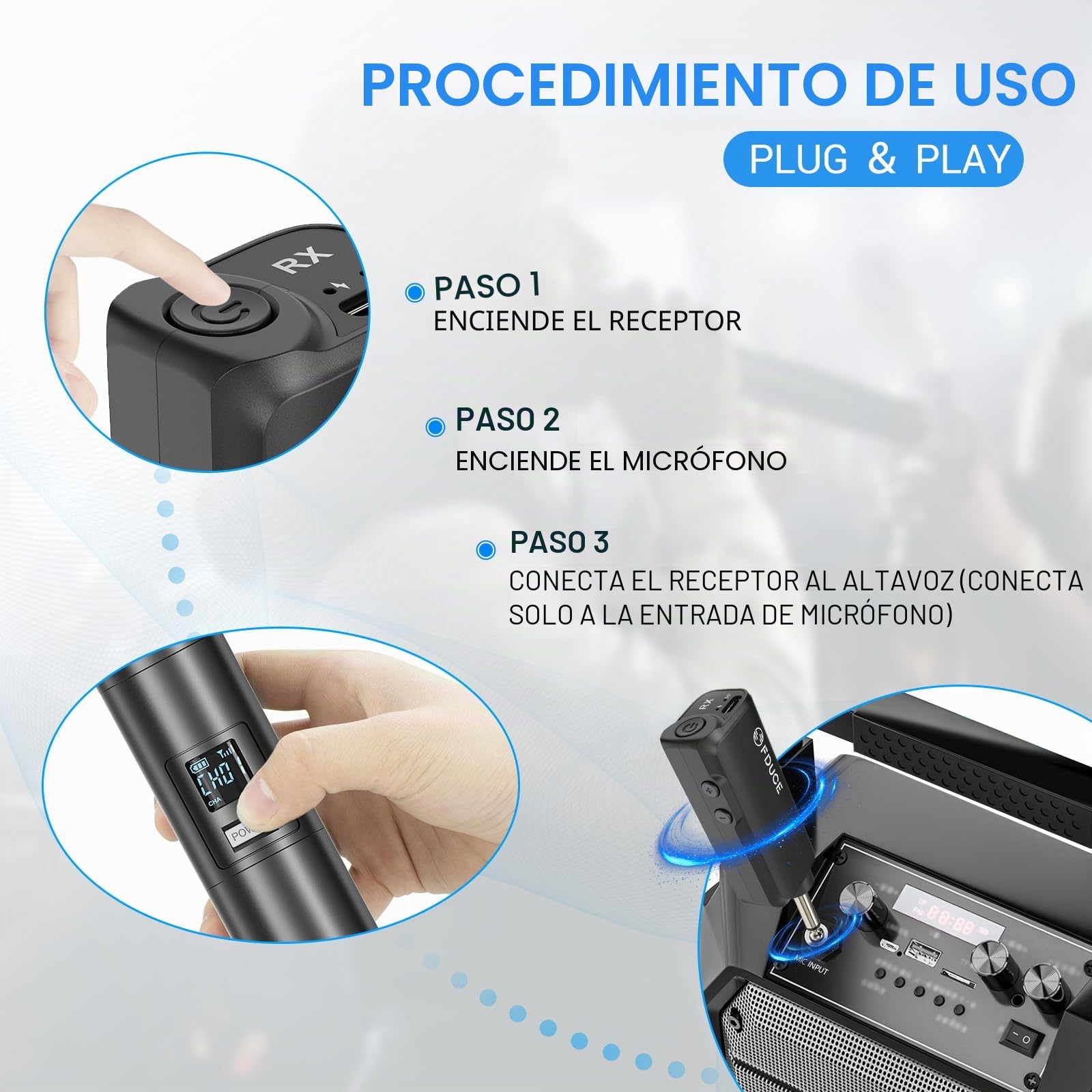 FDUCE W30 Micrófono Inalámbrico, Micrófono Dinámico UHF, Receptor Recargable con Botón de Ajuste de Volumen, para Karaoke, Canto, Fiesta Familiar (60 m)