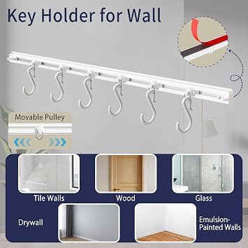 AJAZZ Plastic Key Hook Rack Damage-Free Mount (No Installation Needed) with Movable Hooks | Apartment Essentials Key Holder White 8pcs (16.34inch/pc)